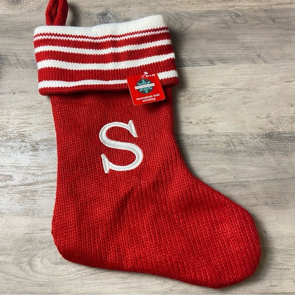 Red  and White Knit Christmas Stocking with Stripes and “S” - Picture 1 of 7